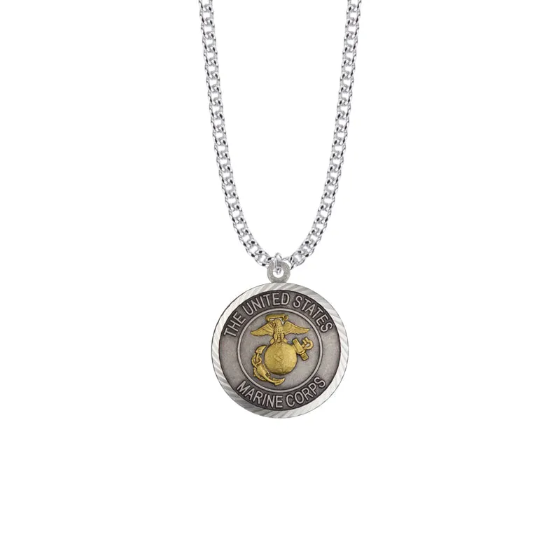 1-1/8 Inch Round Two-Tone Sterling Silver U.S. Marine Corps Medal