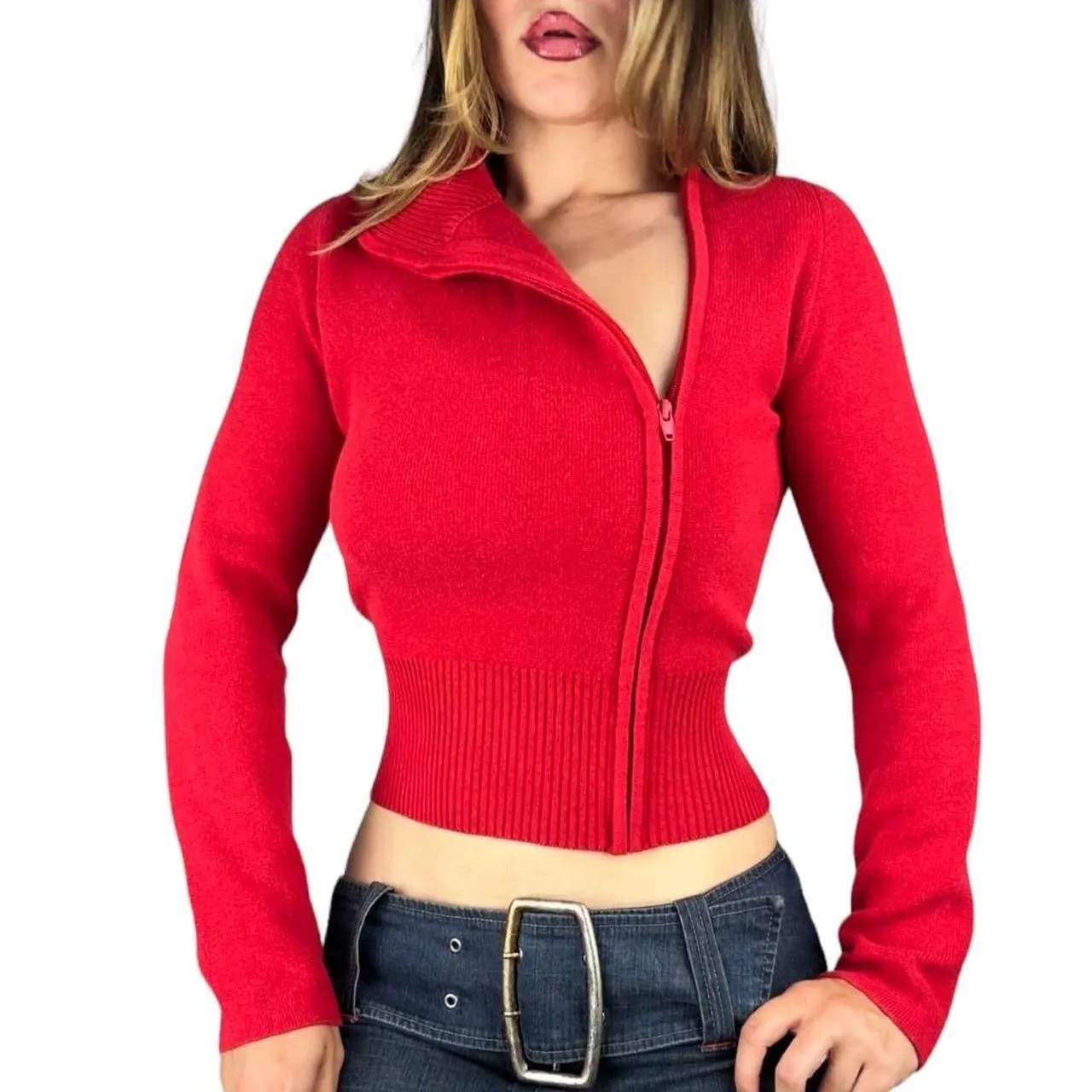 90s Asymmetrical Cropped Knit Zip Up (S)