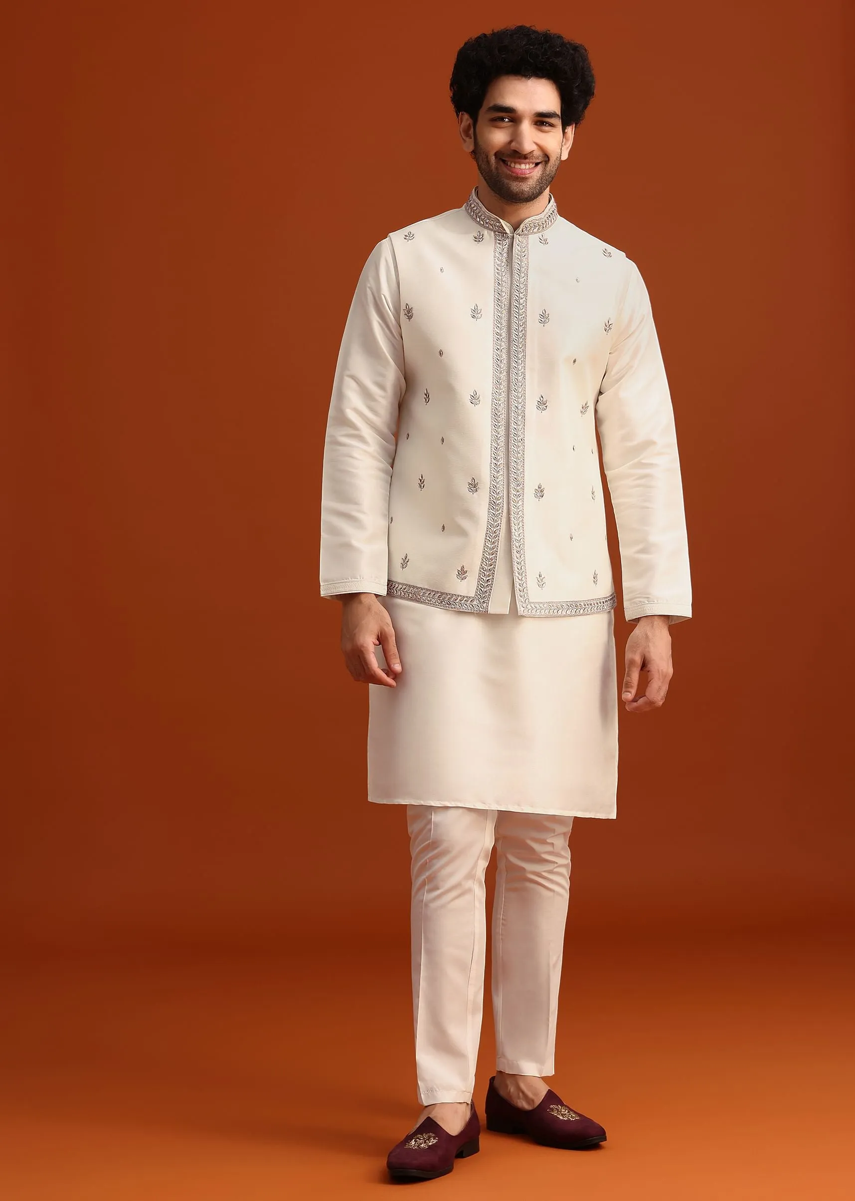 Beige Silk Blend Kurta And Jacket Set With Mirror Work