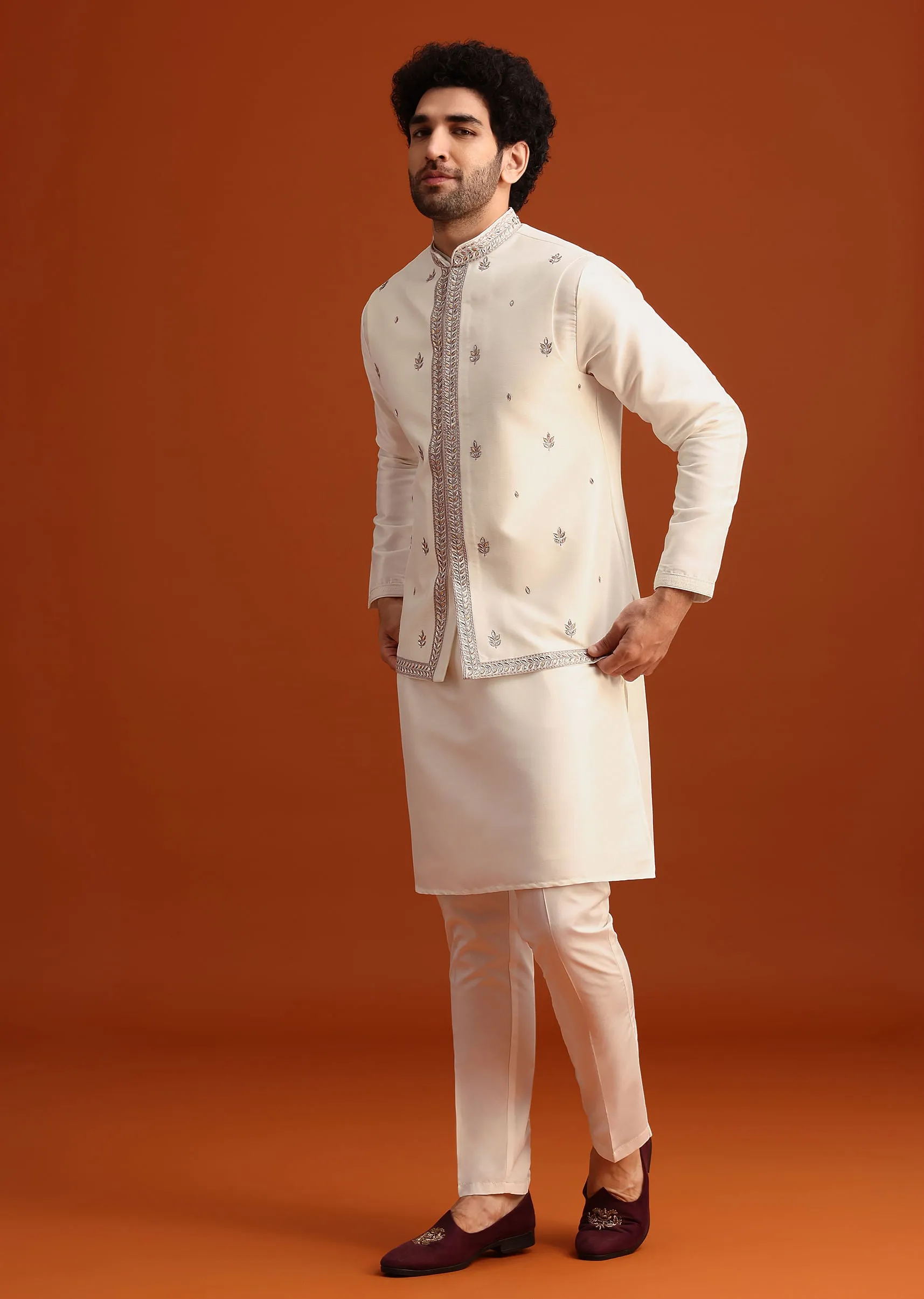 Beige Silk Blend Kurta And Jacket Set With Mirror Work