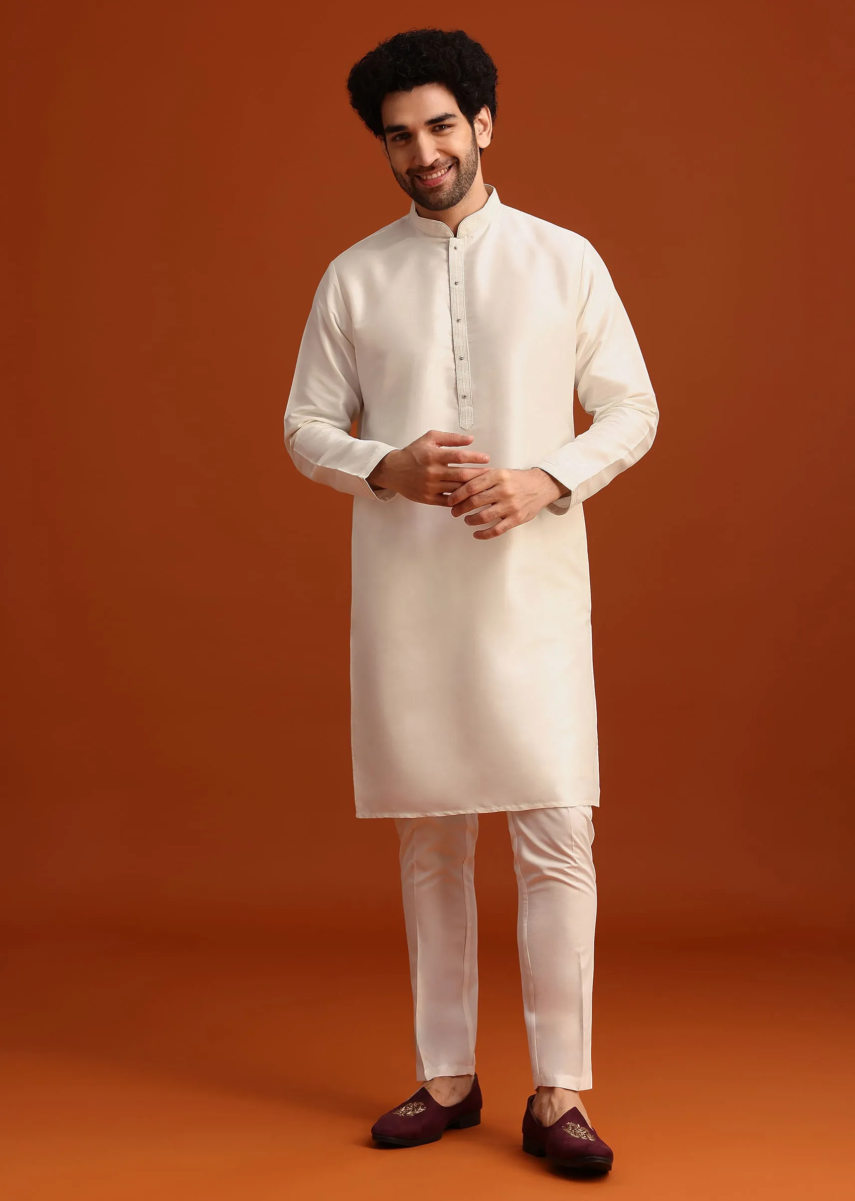 Beige Silk Blend Kurta And Jacket Set With Mirror Work