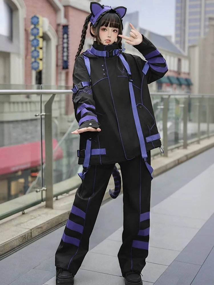 Black and Purple Techwear Buckle Straps Cat Ears Hooded Baggy Windbreaker Jacket