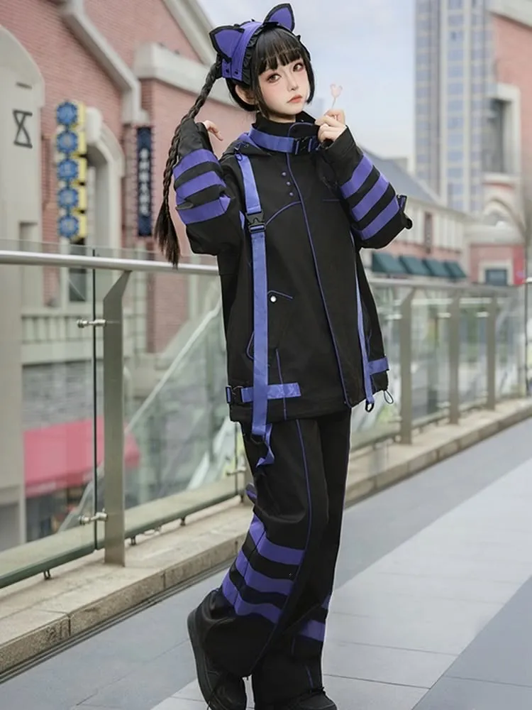 Black and Purple Techwear Buckle Straps Cat Ears Hooded Baggy Windbreaker Jacket