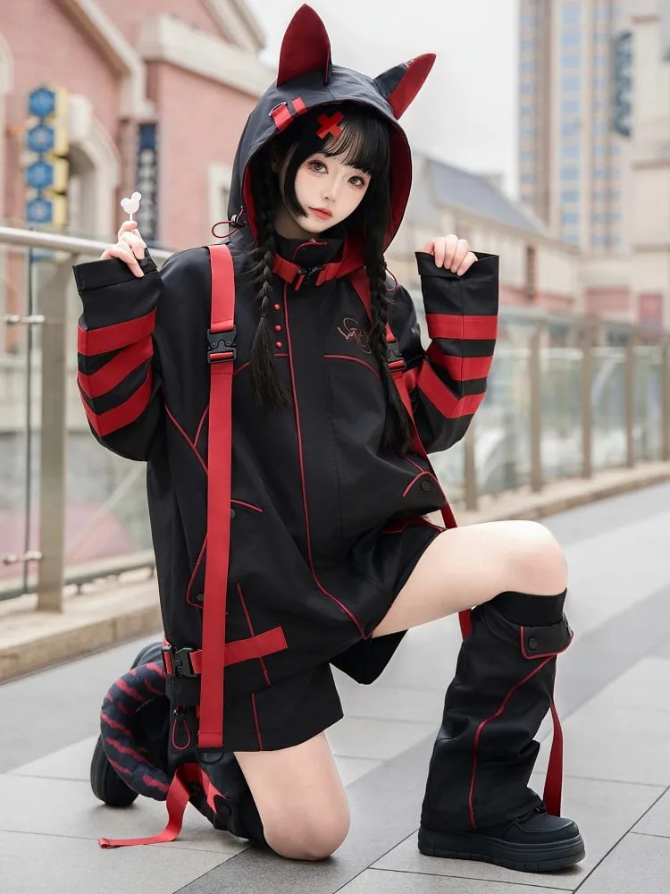 Black and Red Futuristic Techwear Landmine Style Straight-leg Shorts   Flared Leg Warmers