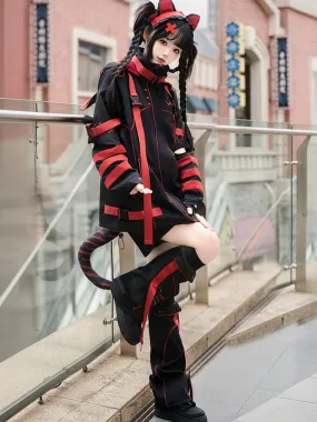 Black and Red Futuristic Techwear Landmine Style Straight-leg Shorts   Flared Leg Warmers