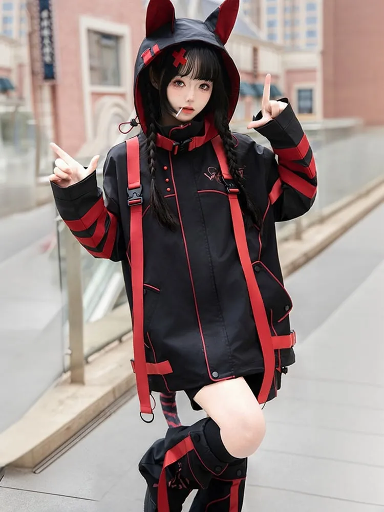 Black and Red Futuristic Techwear Landmine Style Straight-leg Shorts   Flared Leg Warmers