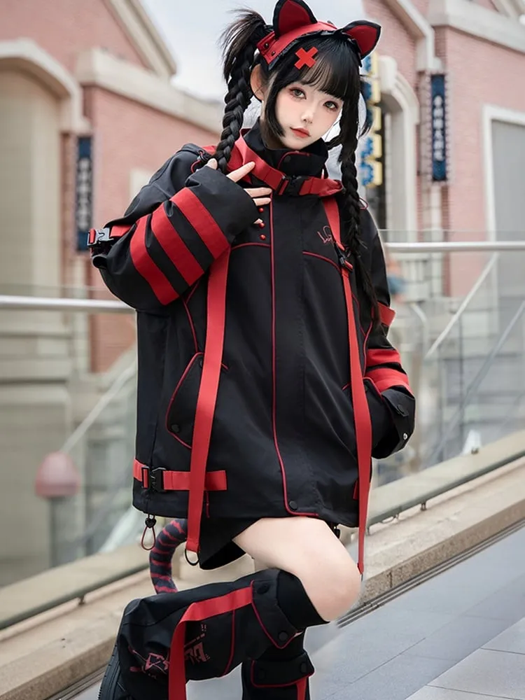 Black and Red Futuristic Techwear Landmine Style Straight-leg Shorts   Flared Leg Warmers