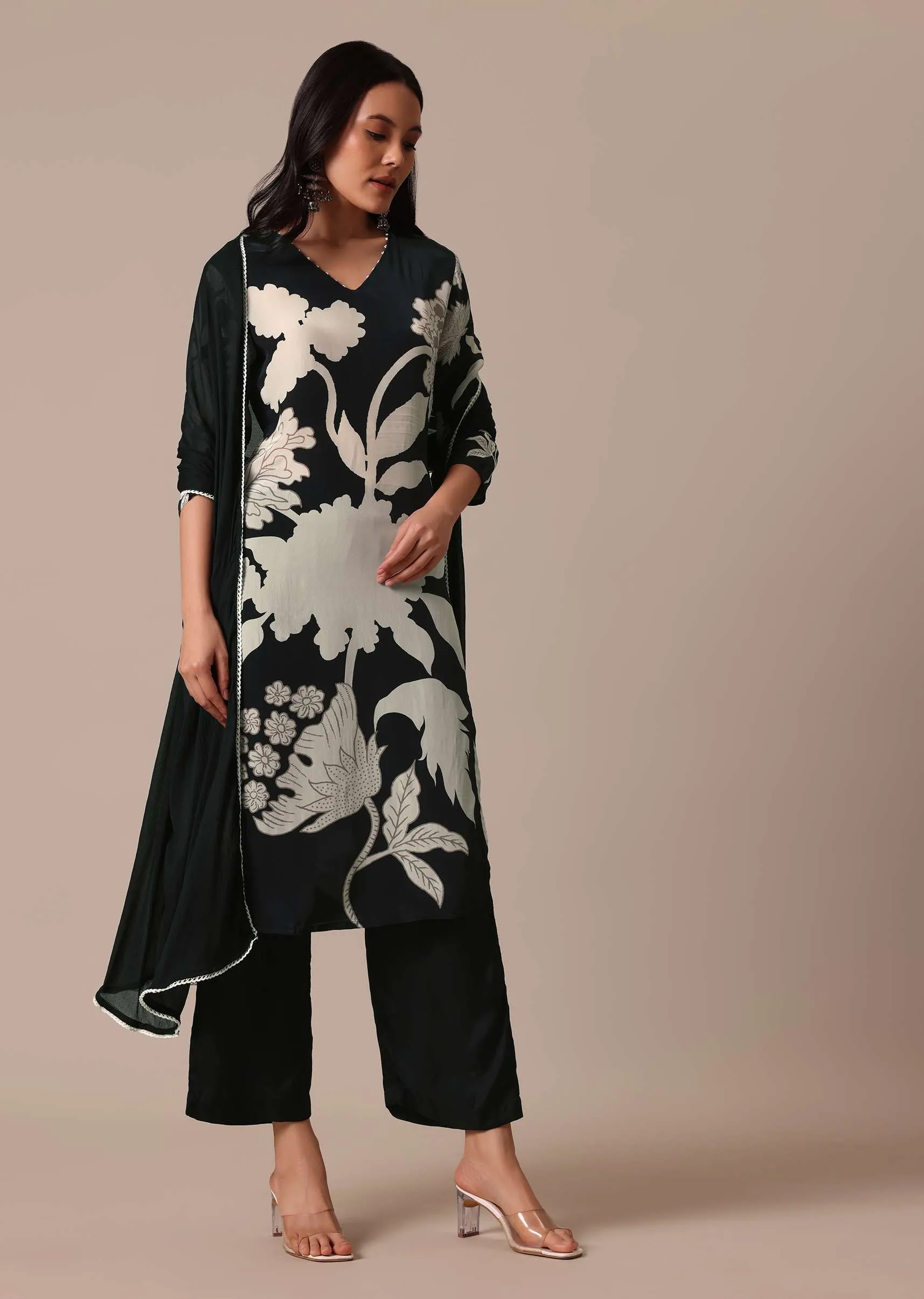 Black Satin Printed Kurta Set With Bead Work