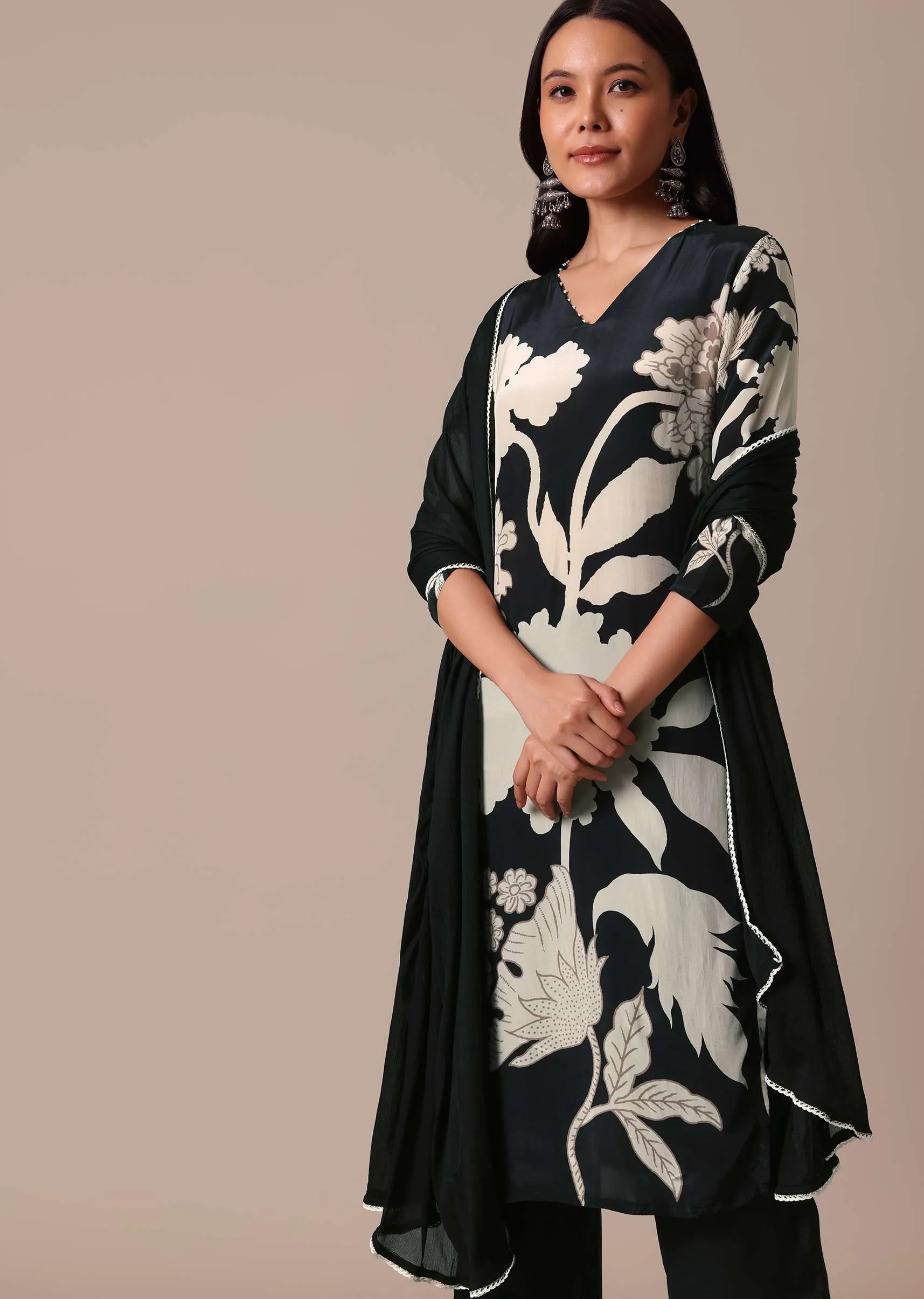 Black Satin Printed Kurta Set With Bead Work