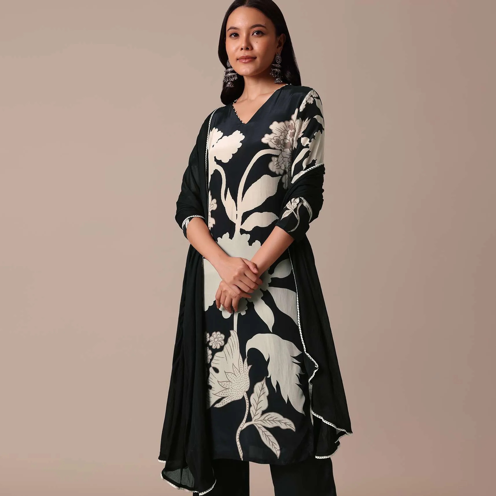 Black Satin Printed Kurta Set With Bead Work