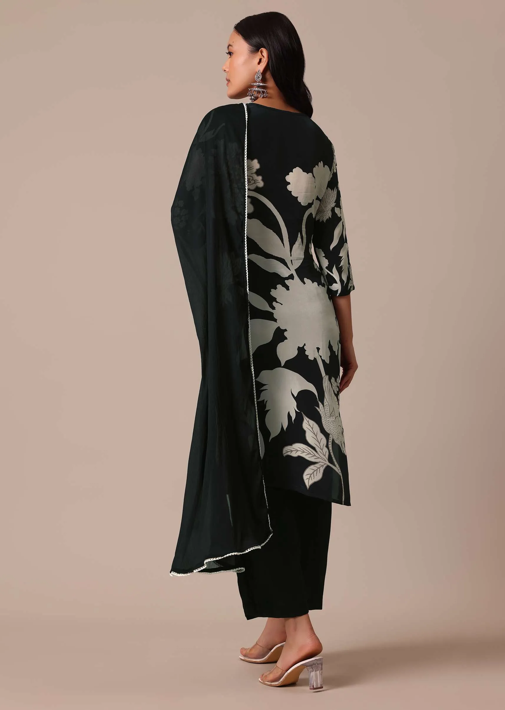 Black Satin Printed Kurta Set With Bead Work