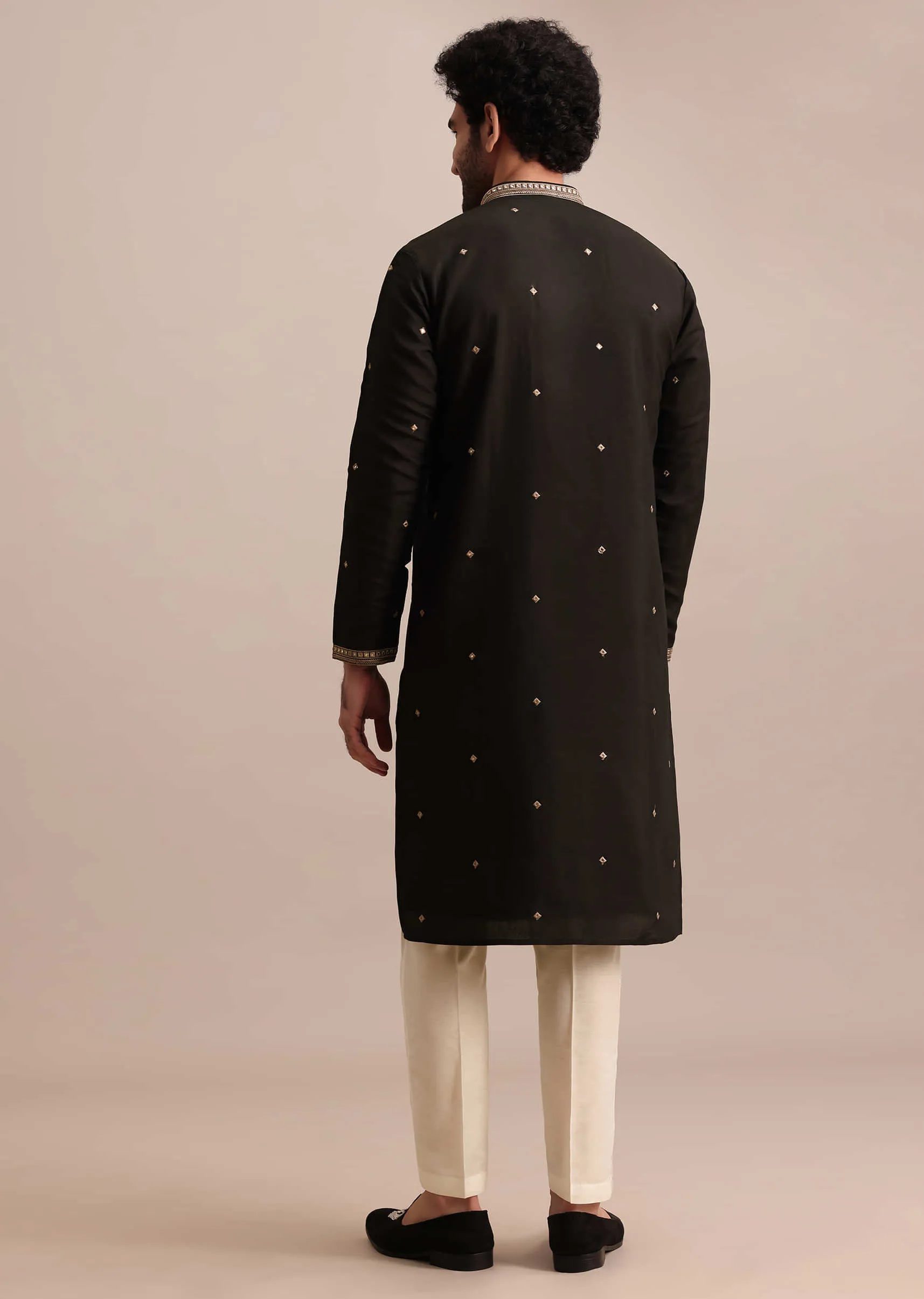 Black Silk Kurta Set With Abla Work For Men