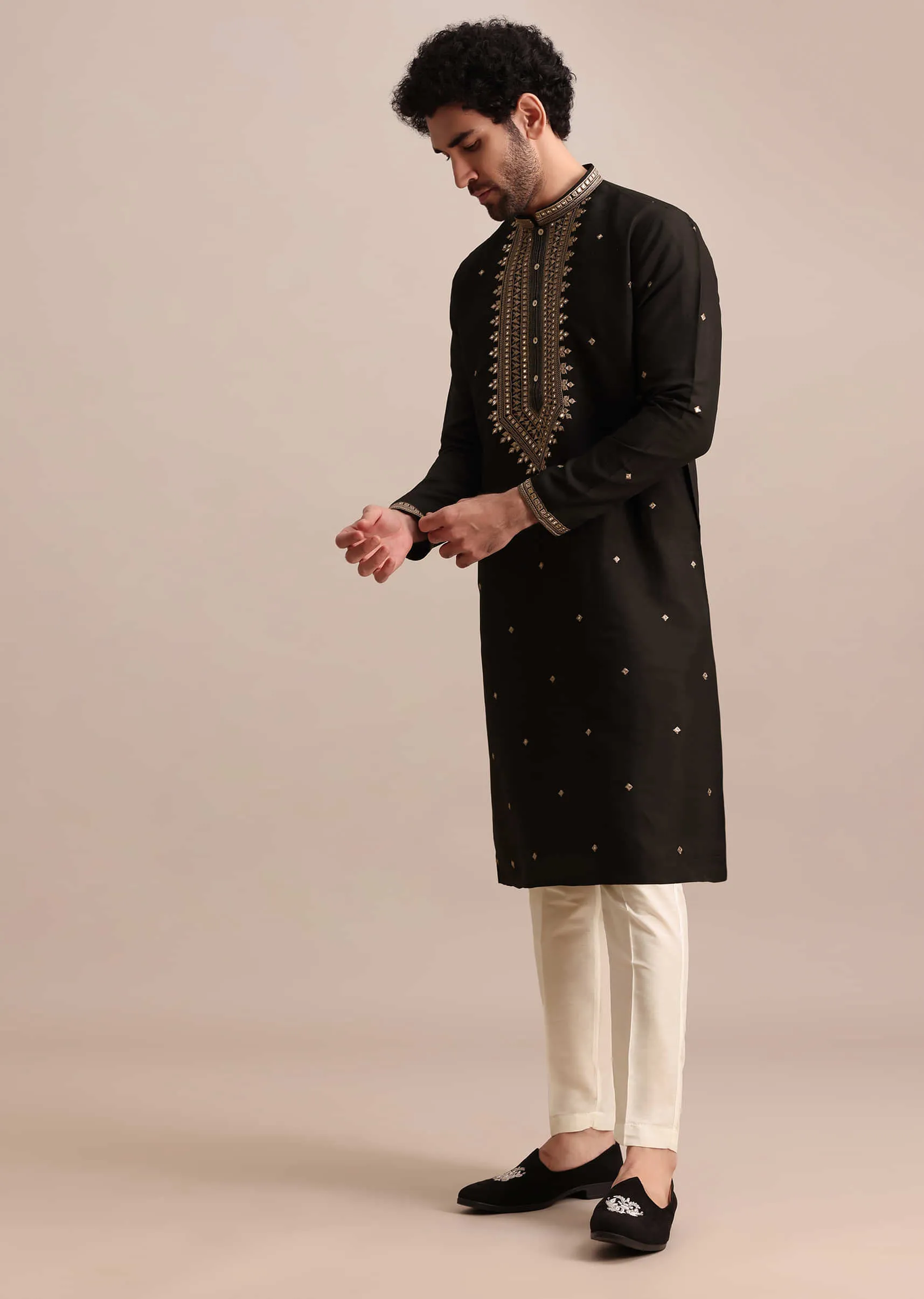 Black Silk Kurta Set With Abla Work For Men