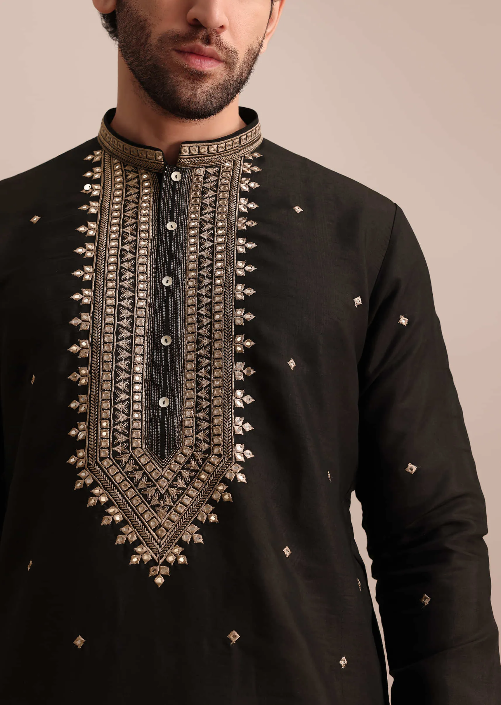 Black Silk Kurta Set With Abla Work For Men