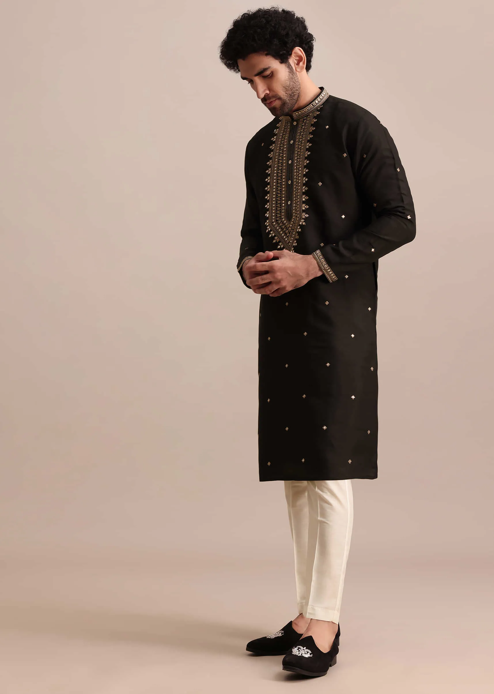 Black Silk Kurta Set With Abla Work For Men