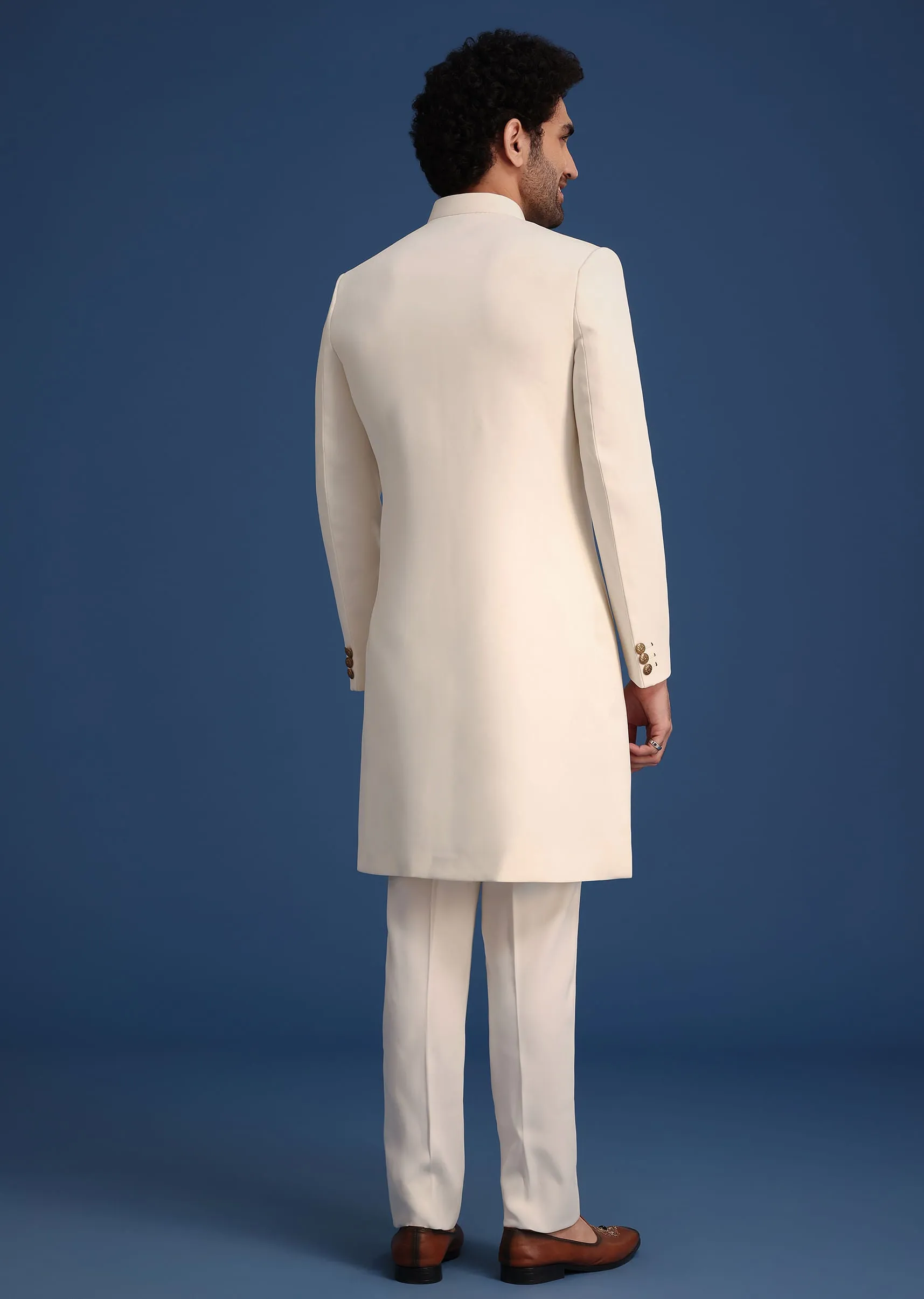 Cream Indowestern Suit With Zari And Metal Work Broach