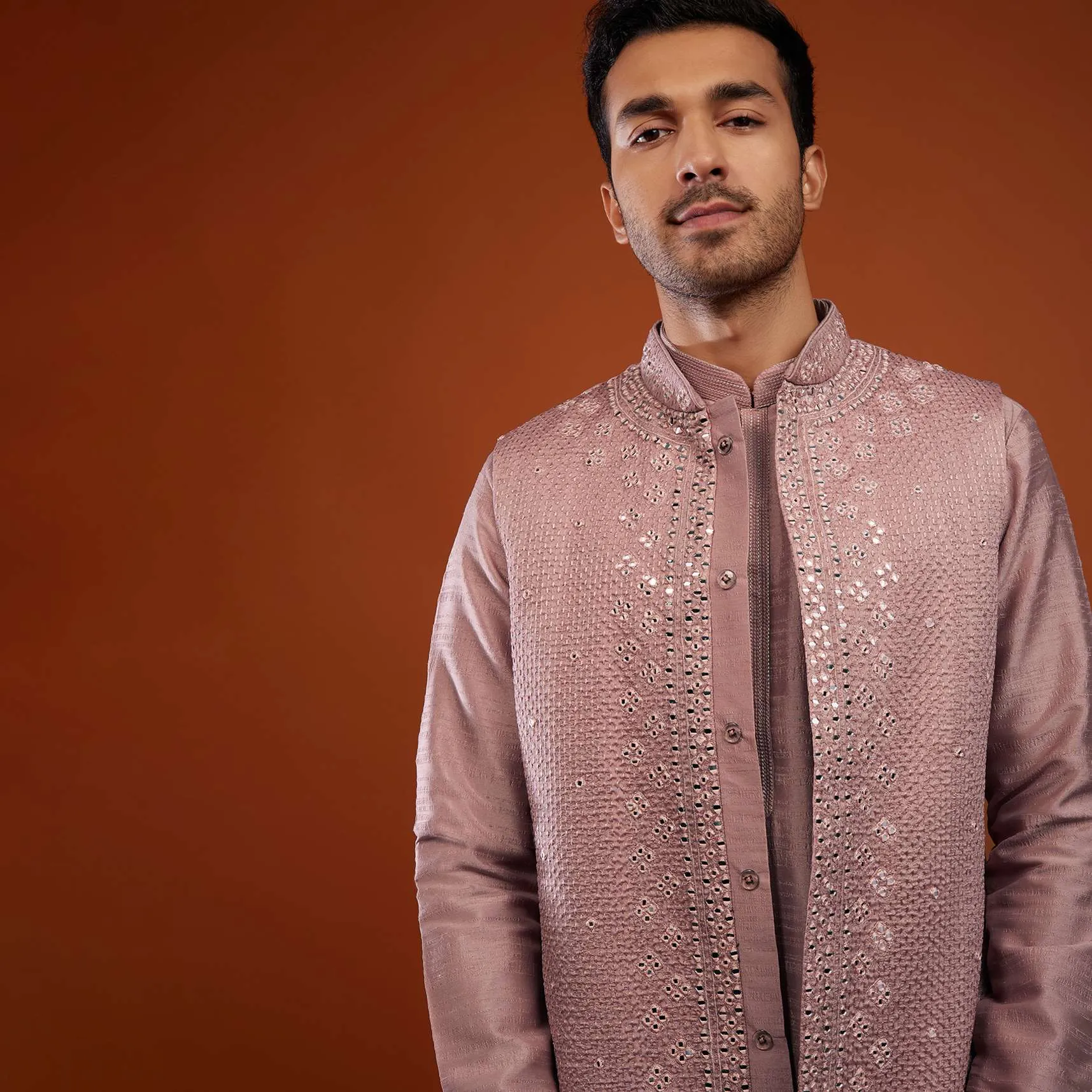 Dusty Rose Pink Bandi Jacket Kurta Set In Cotton Silk With Mirror Embroidery