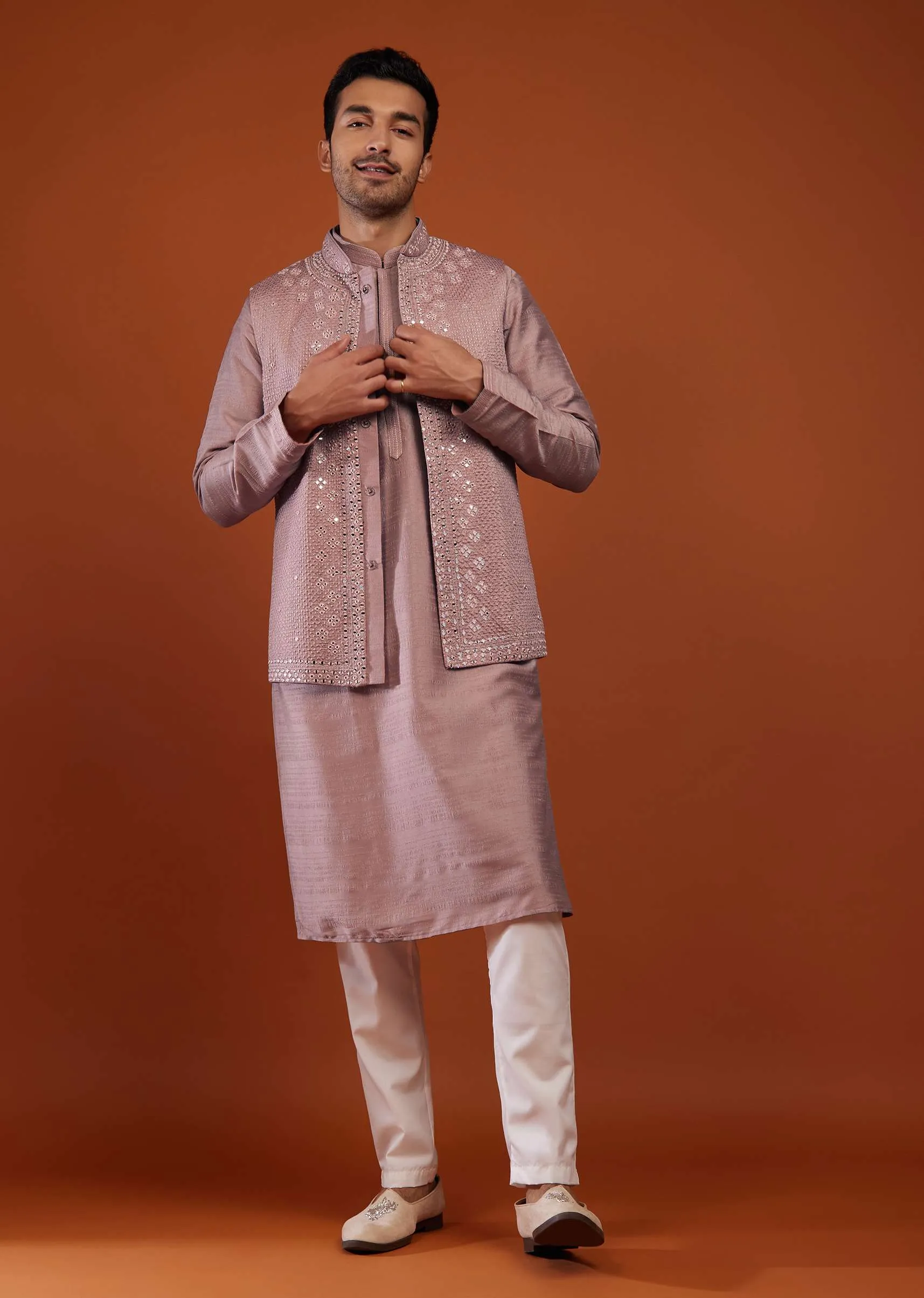 Dusty Rose Pink Bandi Jacket Kurta Set In Cotton Silk With Mirror Embroidery