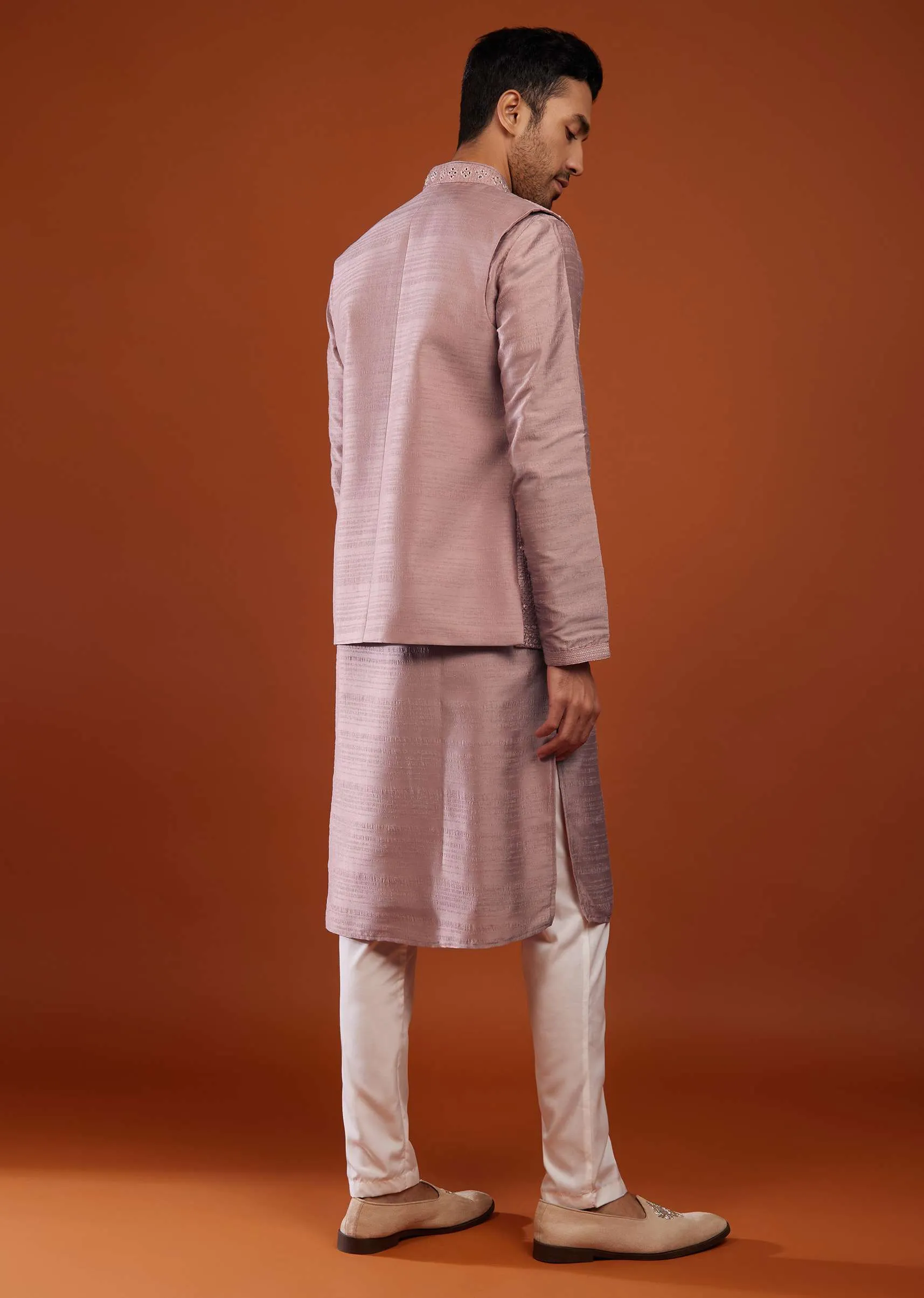 Dusty Rose Pink Bandi Jacket Kurta Set In Cotton Silk With Mirror Embroidery