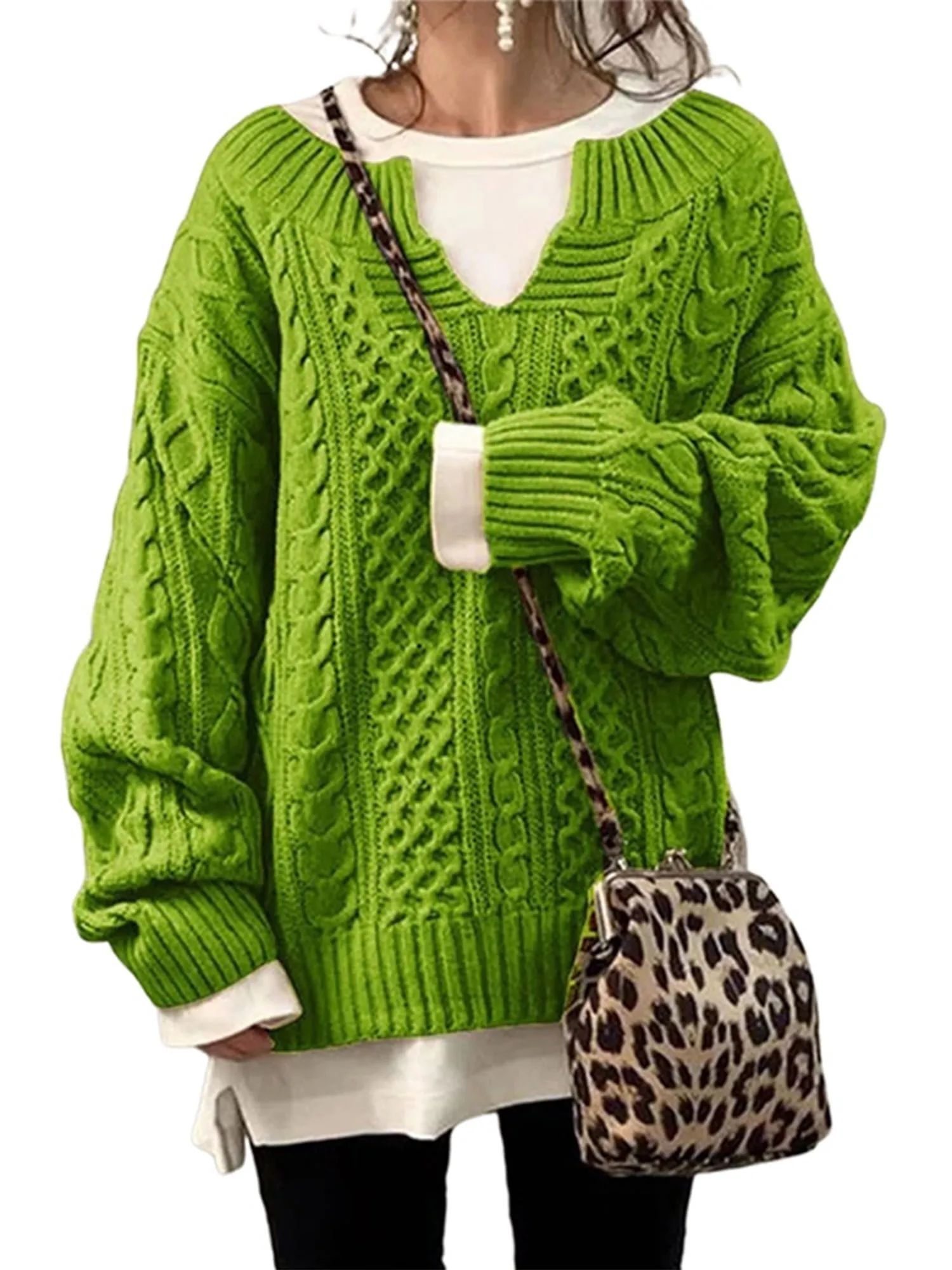 Frontwalk Womens V Neck Sweaters Long Sleeve Cable Knit Pullover Jumper Tops Casual Winter Fall Chunky Knitwear Outwear