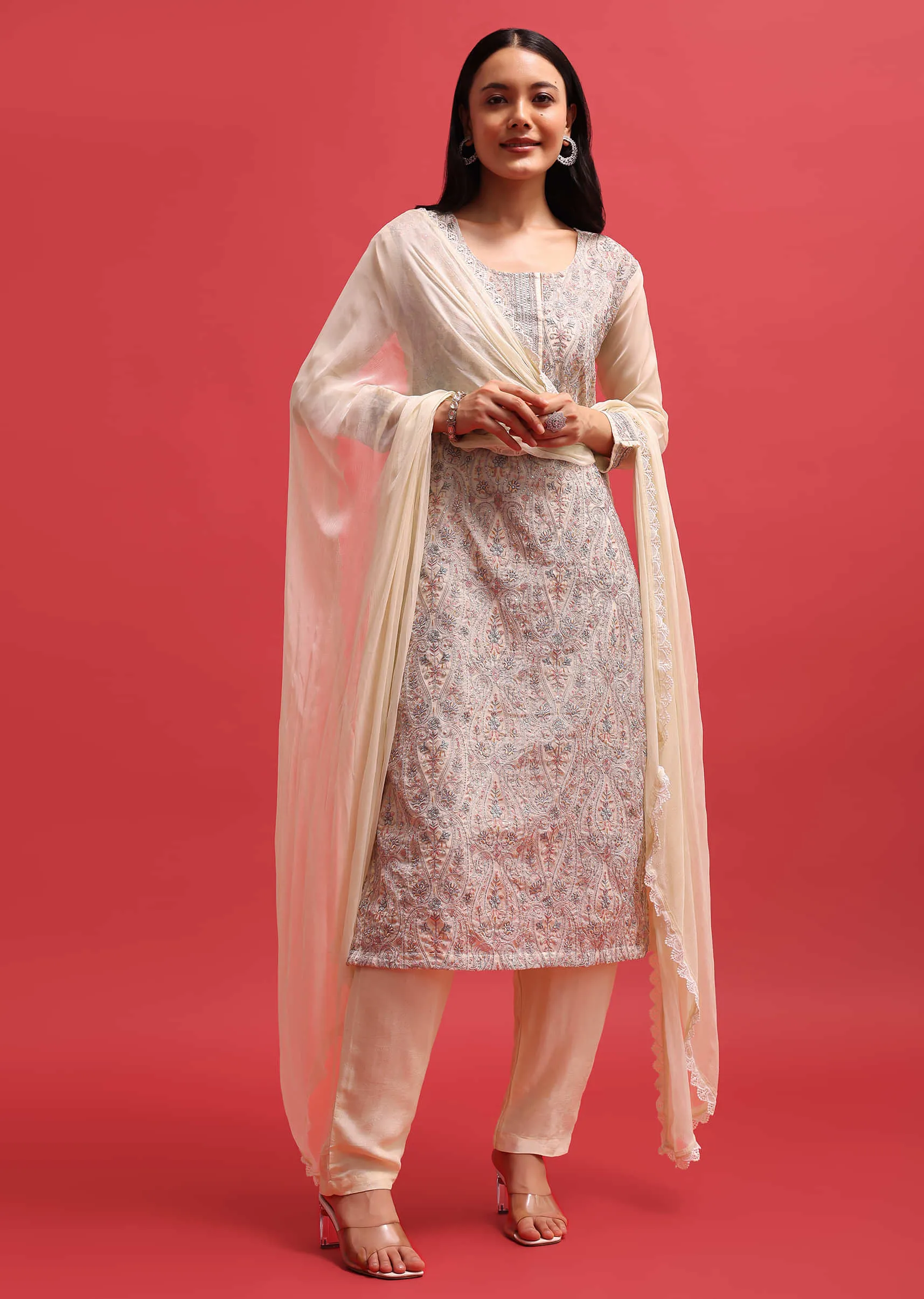 Ivory Organza Kurta Pant Set With Resham Work