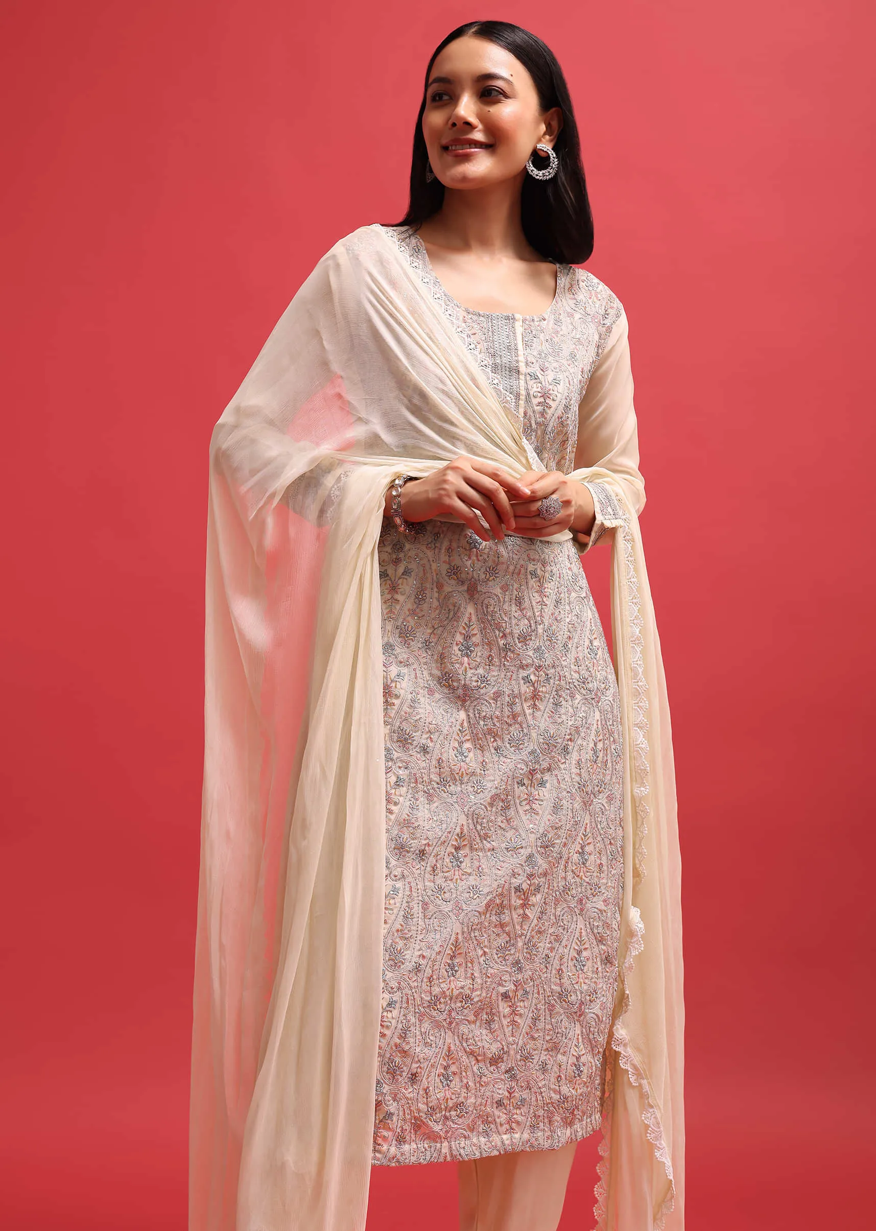 Ivory Organza Kurta Pant Set With Resham Work
