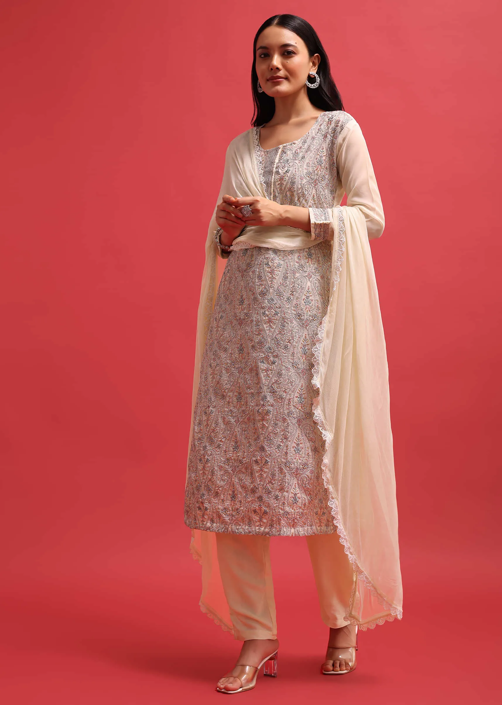 Ivory Organza Kurta Pant Set With Resham Work