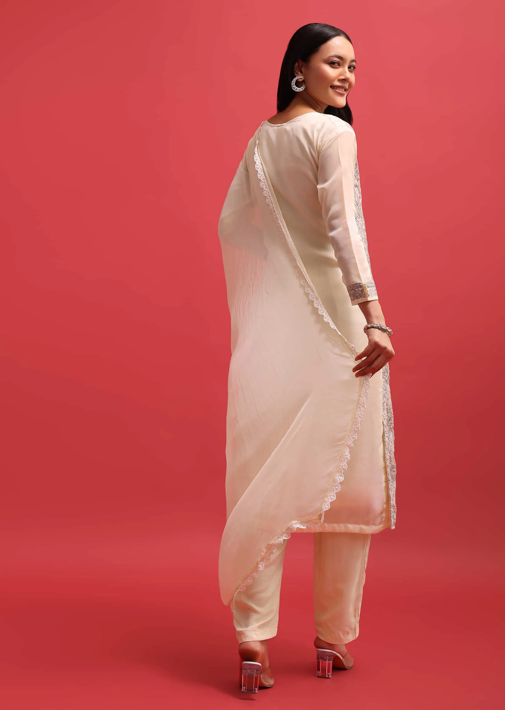 Ivory Organza Kurta Pant Set With Resham Work