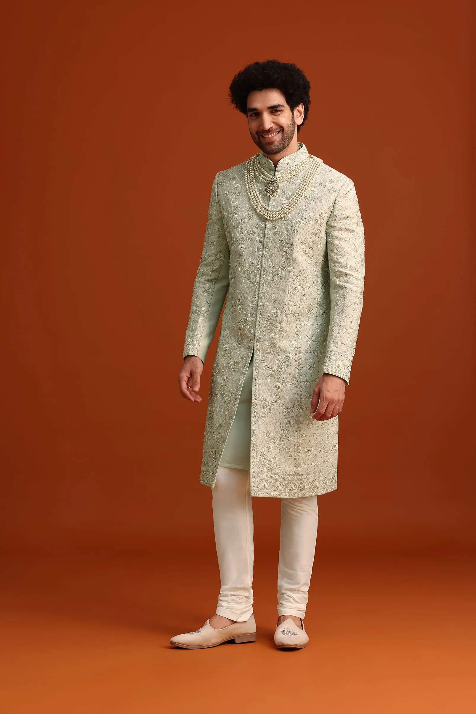 Mint Green Silk Sherwani Set With Sequin Work