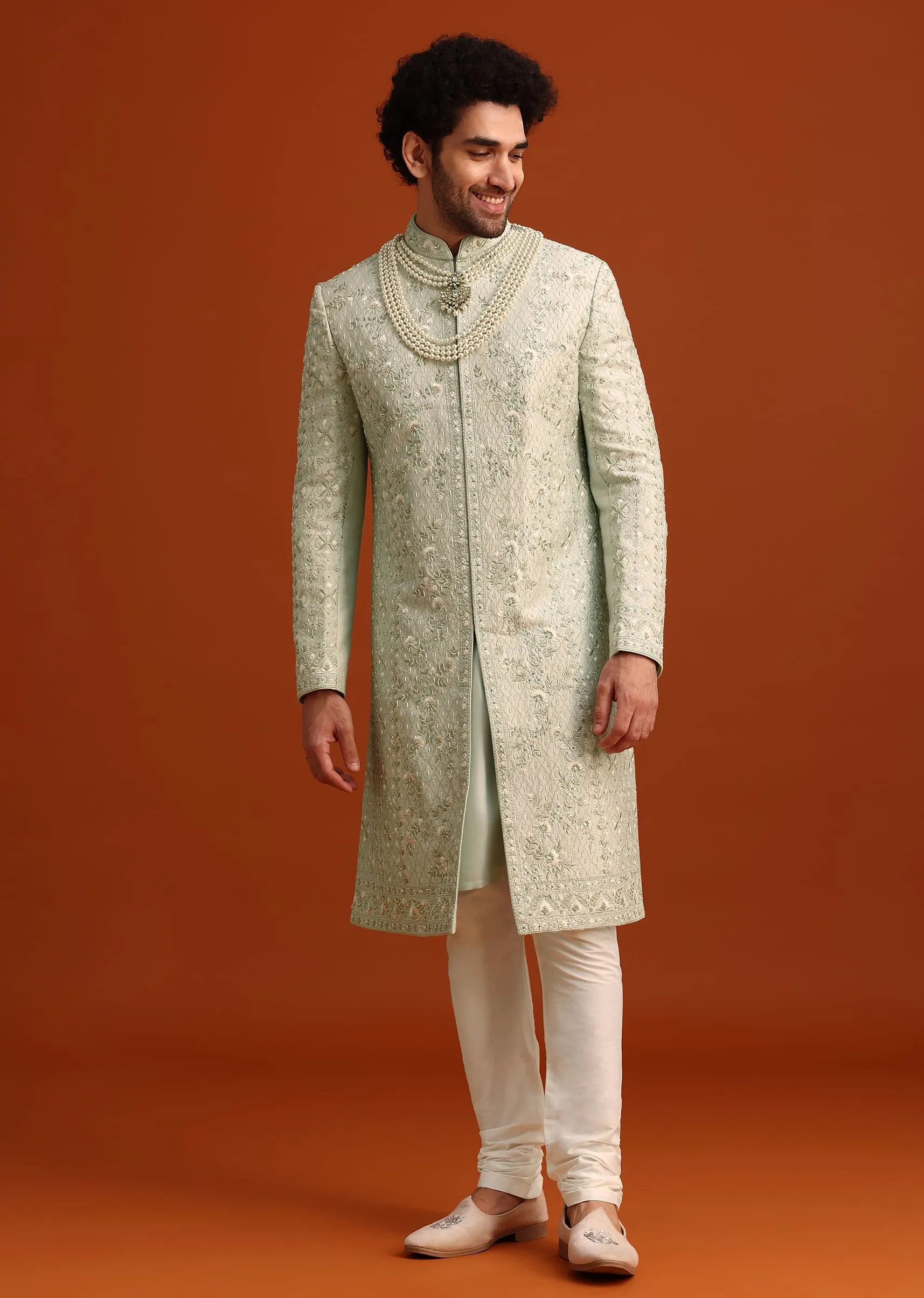 Mint Green Silk Sherwani Set With Sequin Work