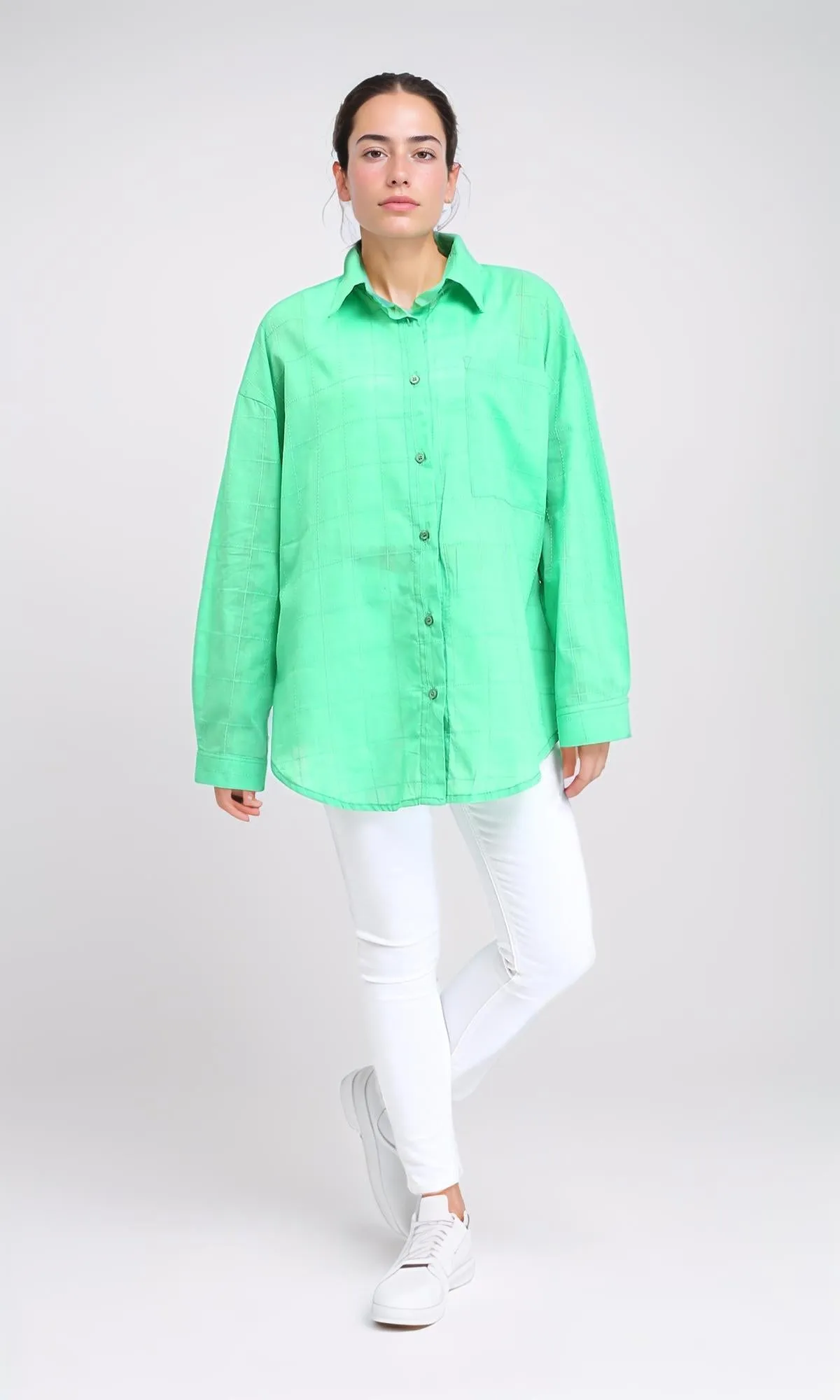 R206082 - Turn Down Collar Plaids Shirt - Green