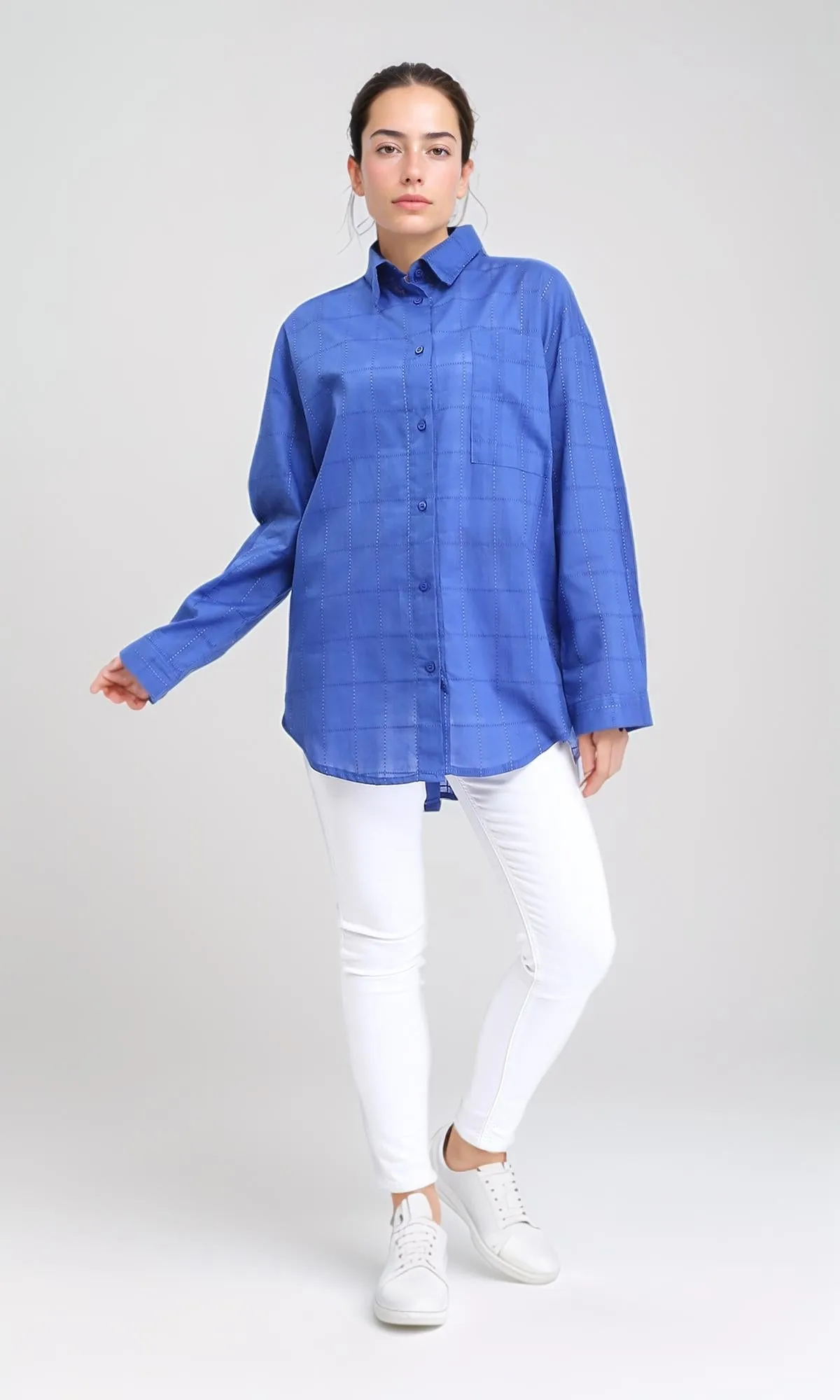 R206083 - Turn Down Collar Plaids Shirt - Blue