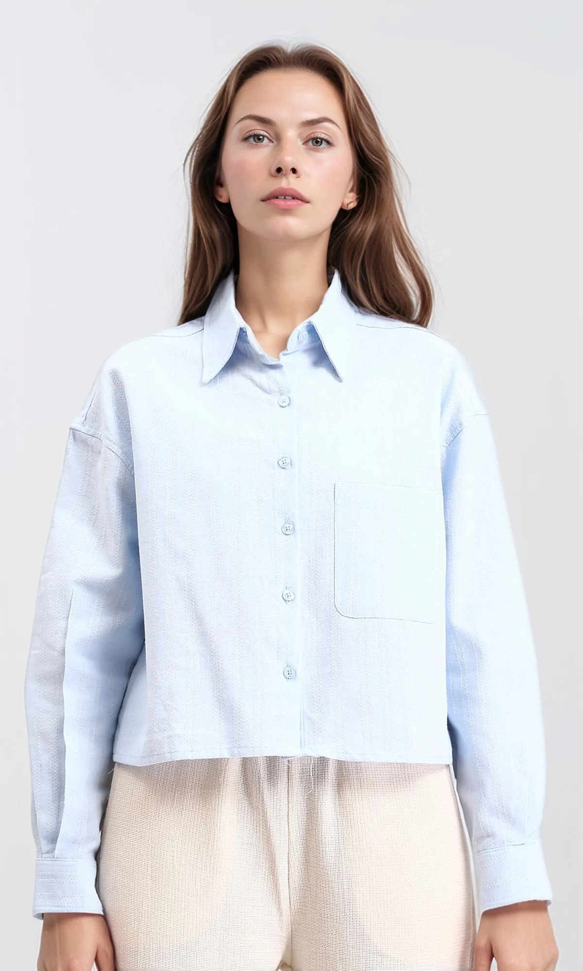 R210106 - Self Pattern Long Sleeves Cotton Shirt - Light Blue